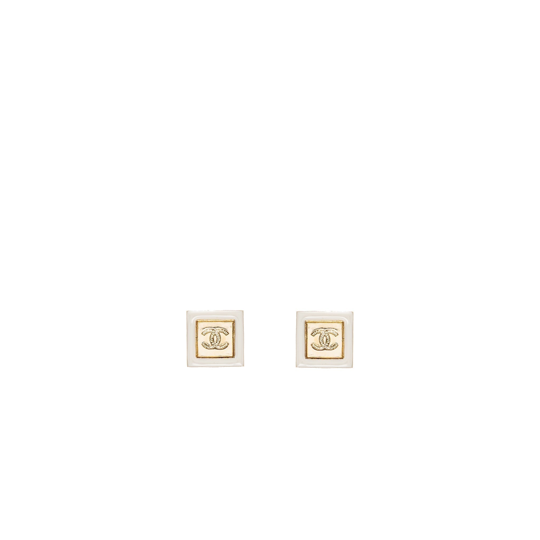 Chanel Square and CC logo earrings white gold tone