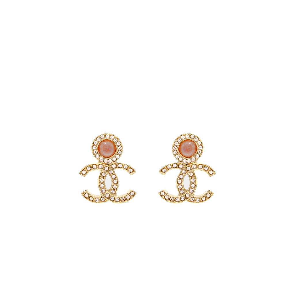Chanel CC Logo Earrings Pink Crystal Gold Tone