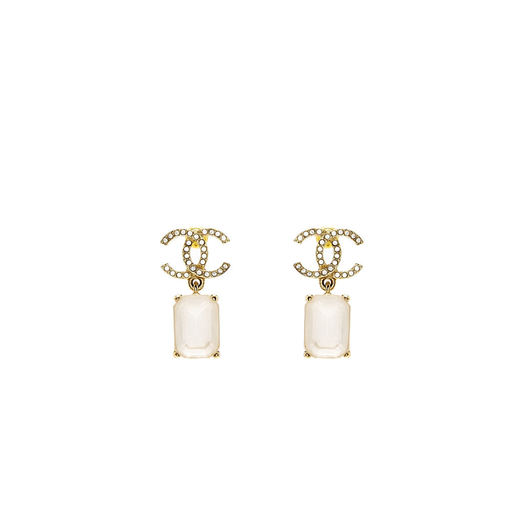 Chanel CC Logo Square Drop Earrings with Crystal Light Gold Tone