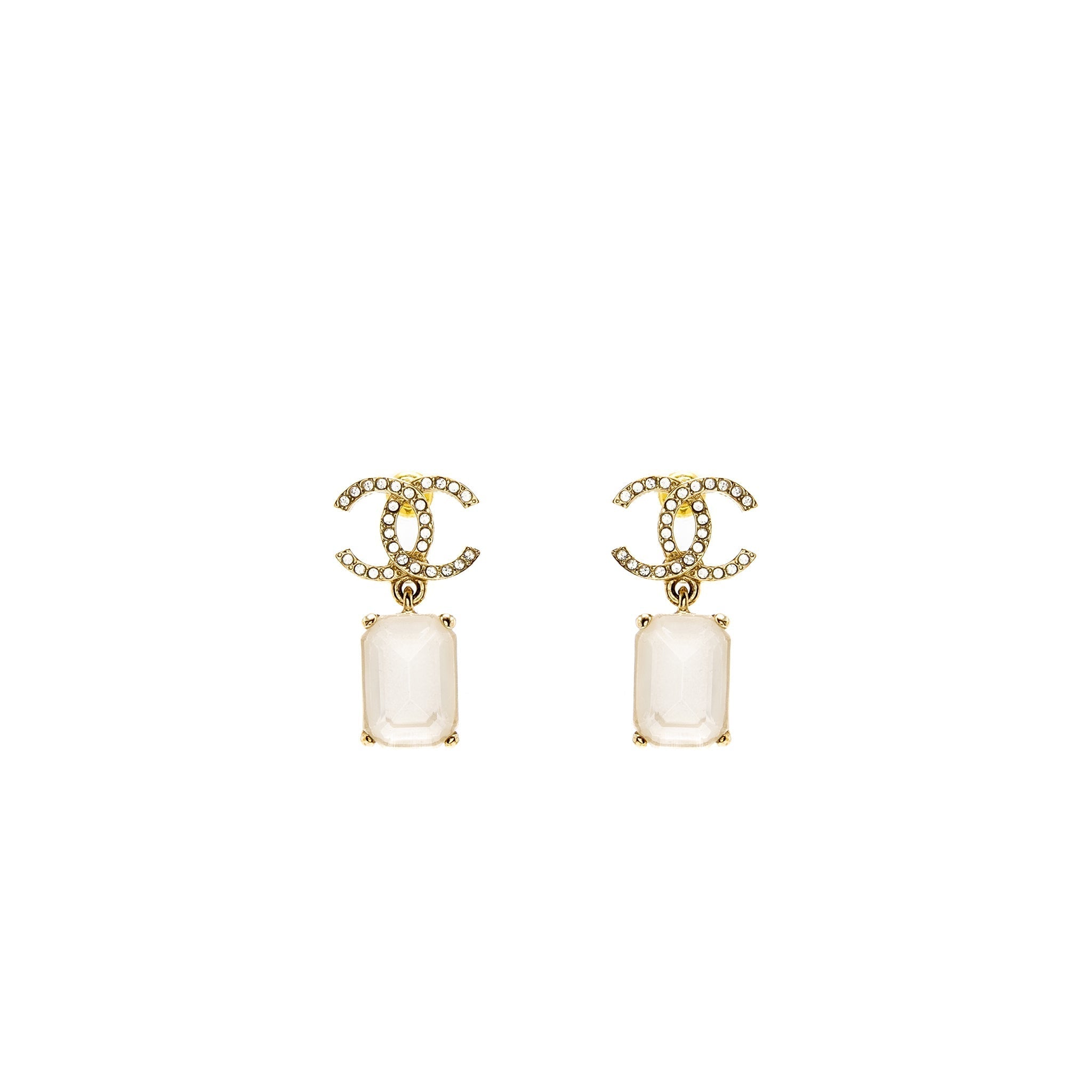 Chanel CC Logo Square Drop Earrings with Crystal Light Gold Tone