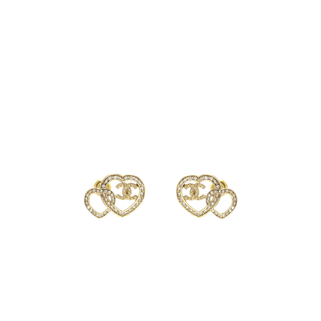 Chanel Double Heart CC Earrings Crystal Light Gold Tone