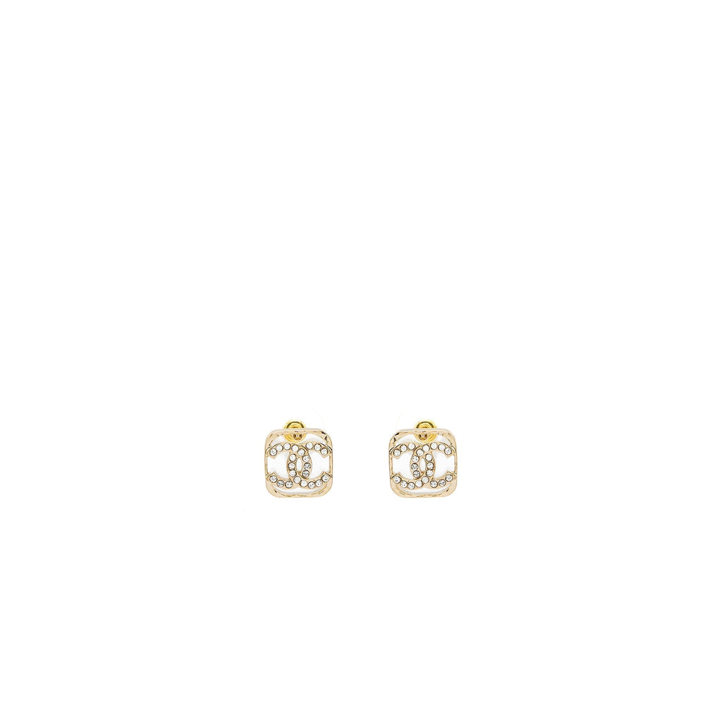 Chanel Square CC Logo Earrings Crystal Light Gold Tone