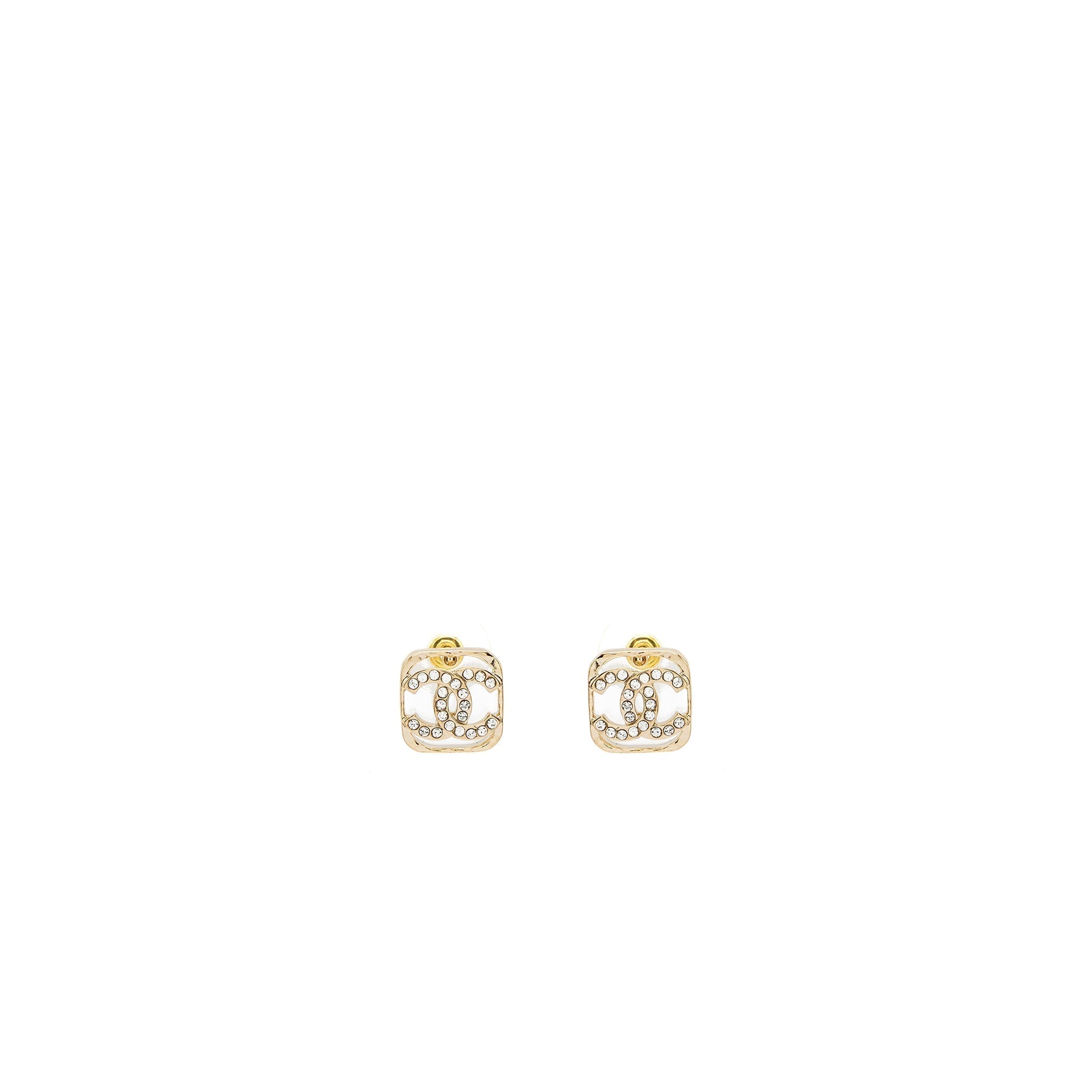 Chanel Square CC Logo Earrings Crystal Light Gold Tone