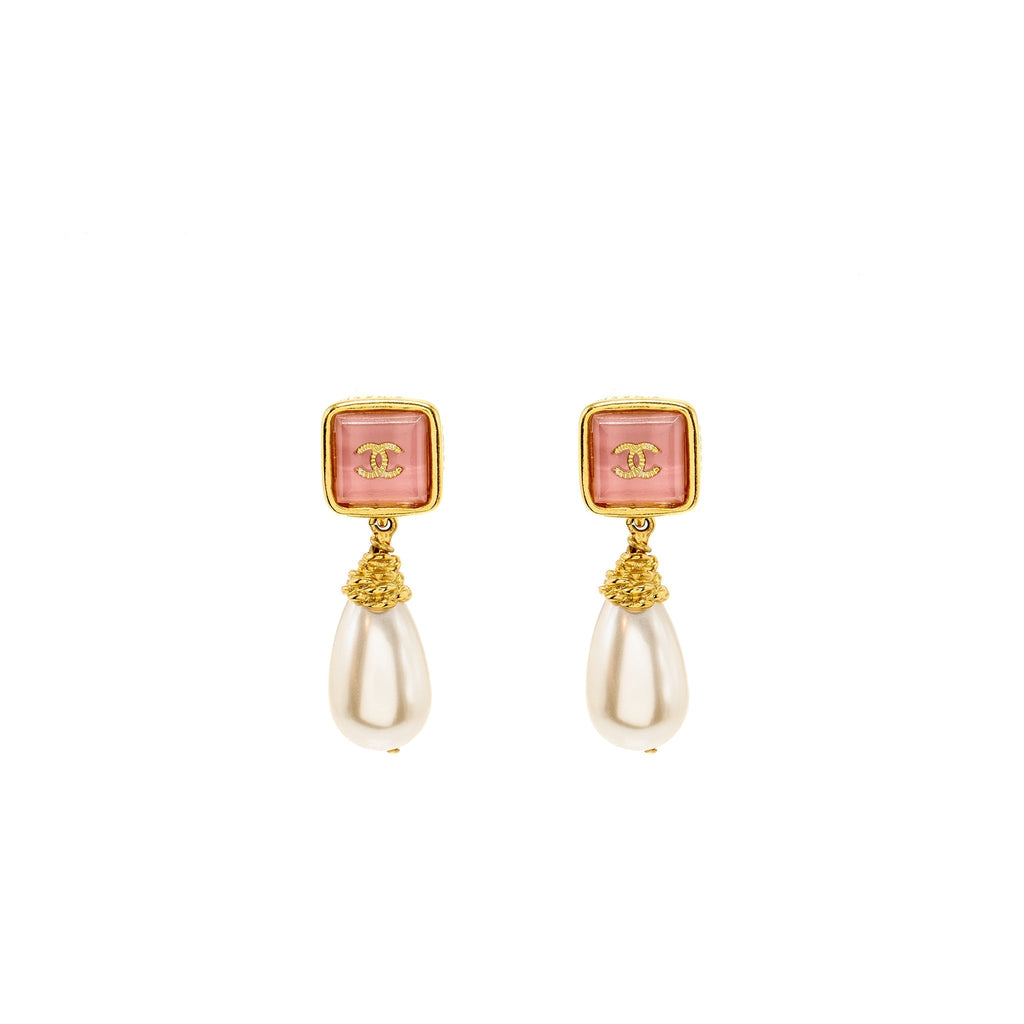 Chanel CC Logo Square with Pearl Drop Earrings Peach Gold Tone