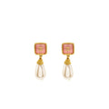 Chanel CC Logo Square with Pearl Drop Earrings Peach Gold Tone