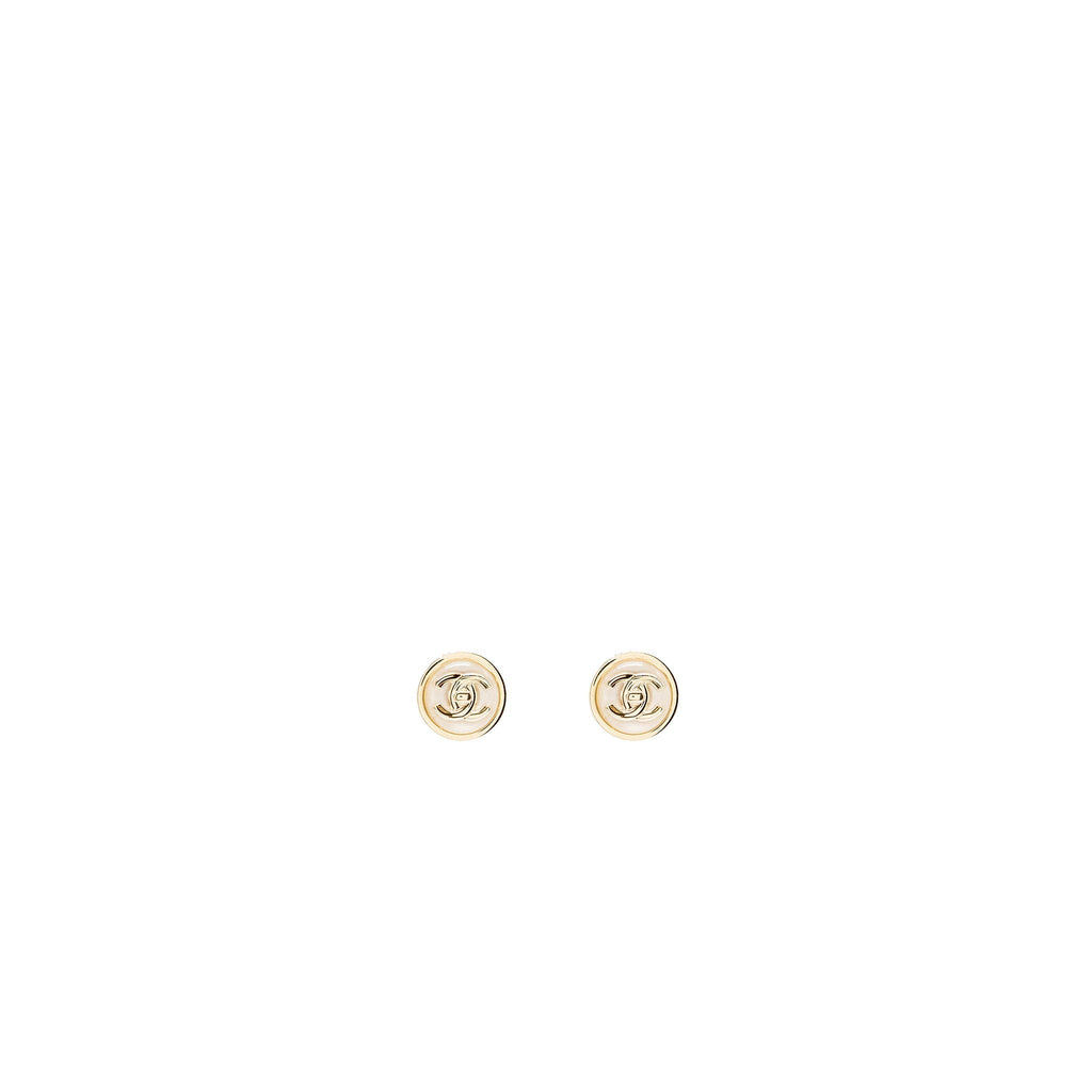 Chanel round cc Logo earrings white light gold tone