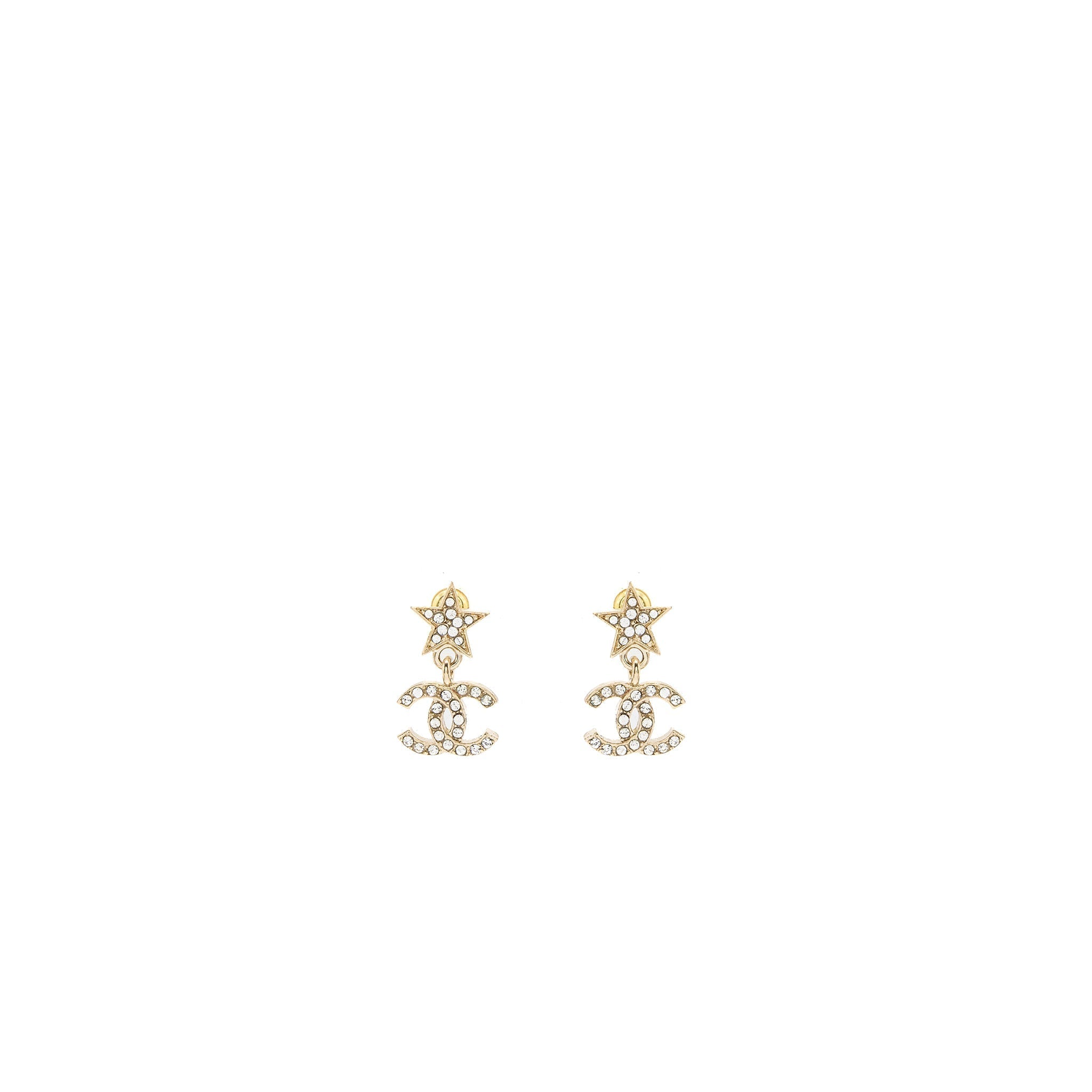 Chanel Crystal Star Earrings with CC logo Drop Light Gold Tone