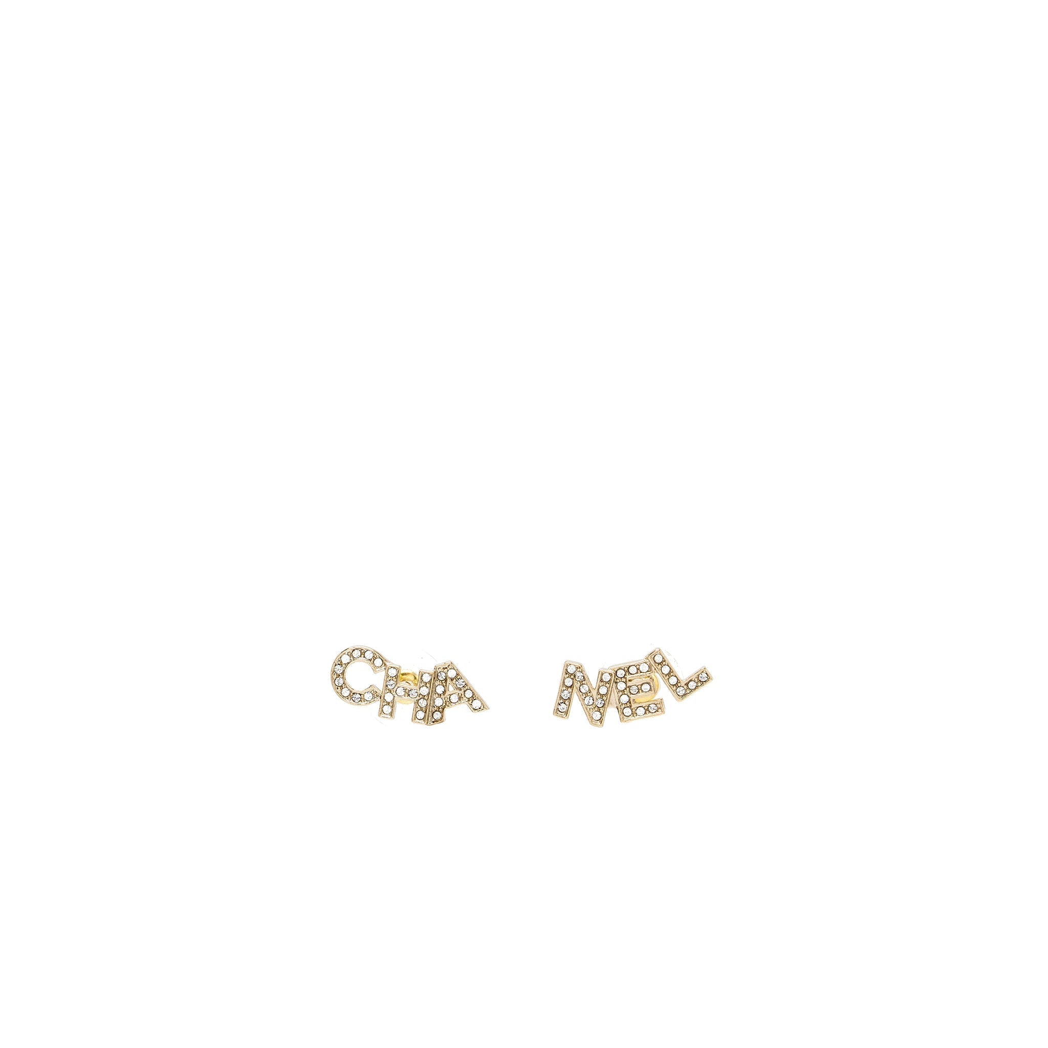 Chanel Crystal Letter Logo Earring Light Gold Tone