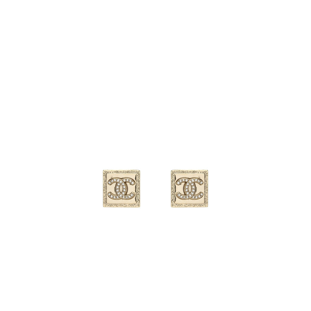 Chanel square CC Logo earring with crystal Light Gold Tone