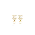 Chanel 22K CC Logo Drop Earrings Crystal/Pearl Light Gold Tone