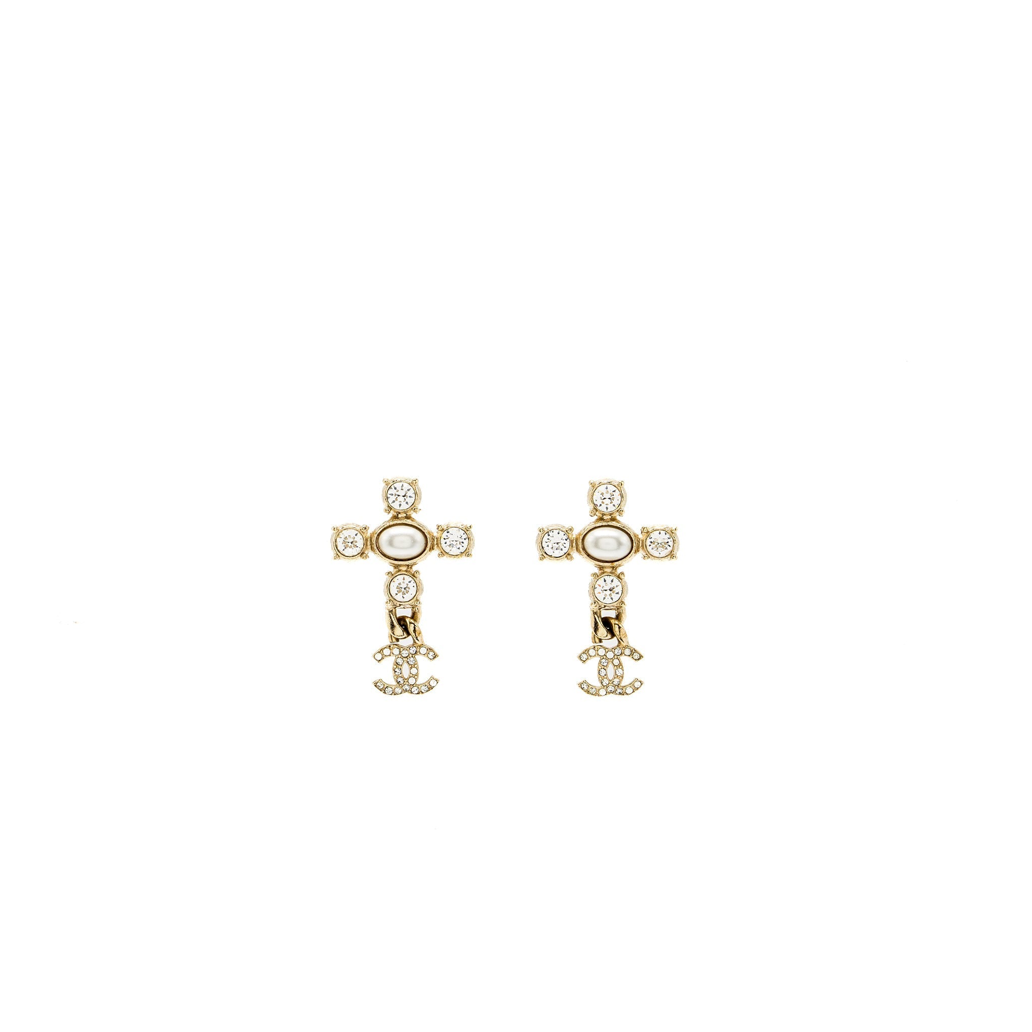 Chanel Cross earrings with CC Logo dropped, Crystal/ pearl Gold Tone