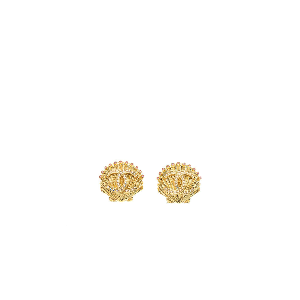 Chanel Shell CC Logo Earrings Crystal Gold Tone