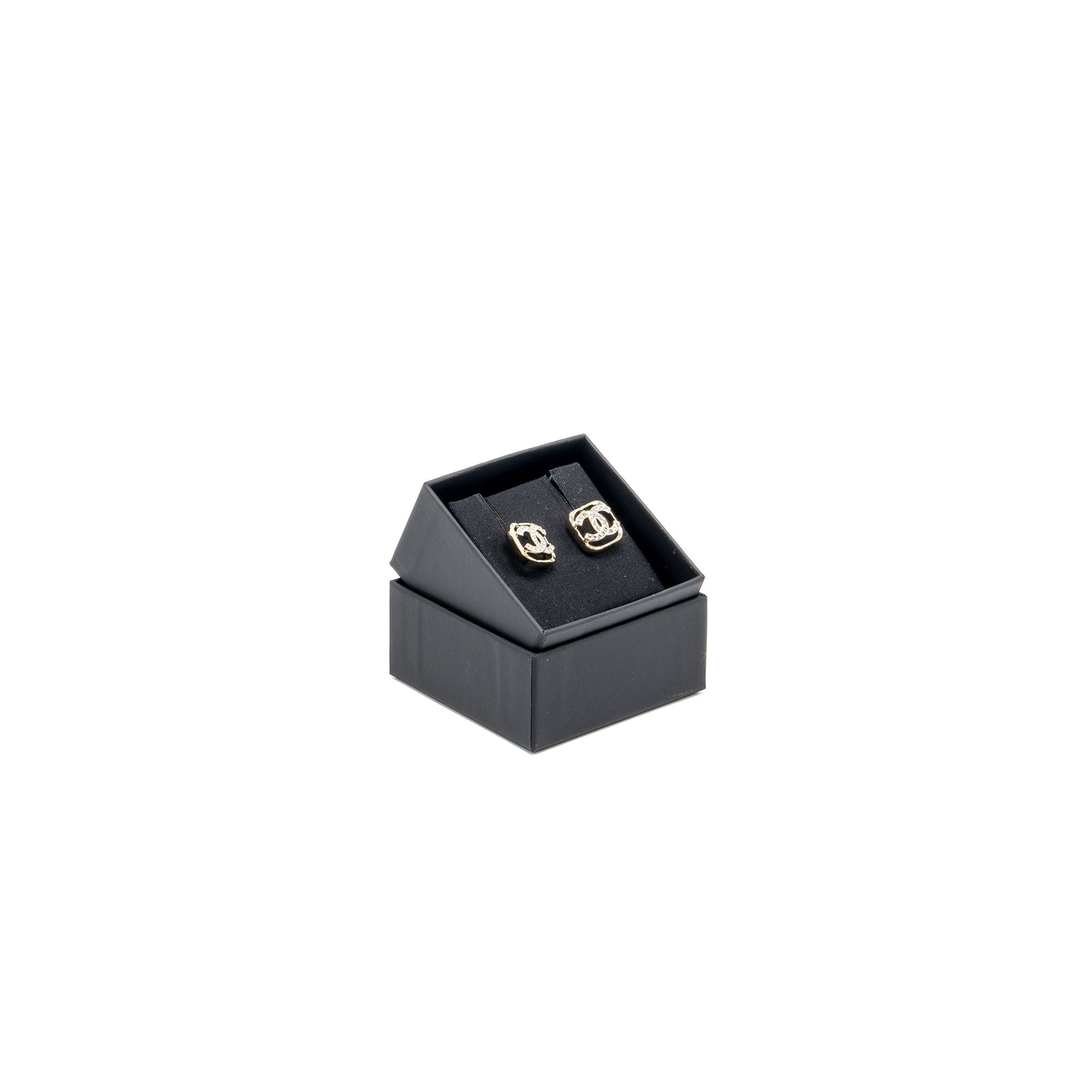 Chanel Square CC Logo Earrings Crystal Light Gold Tone