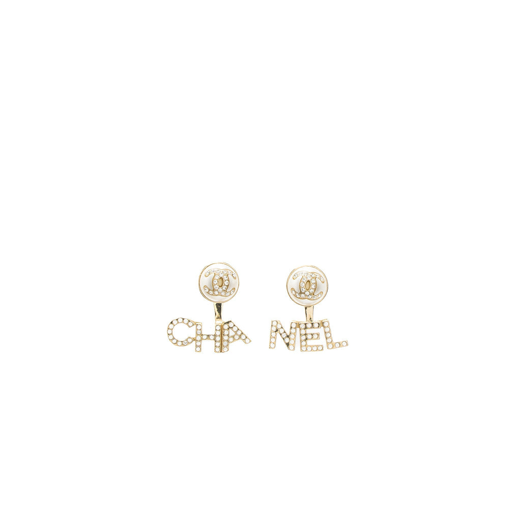 Chanel Letter/CC Logo Earrings Crystal/Pearl Light Gold Tone