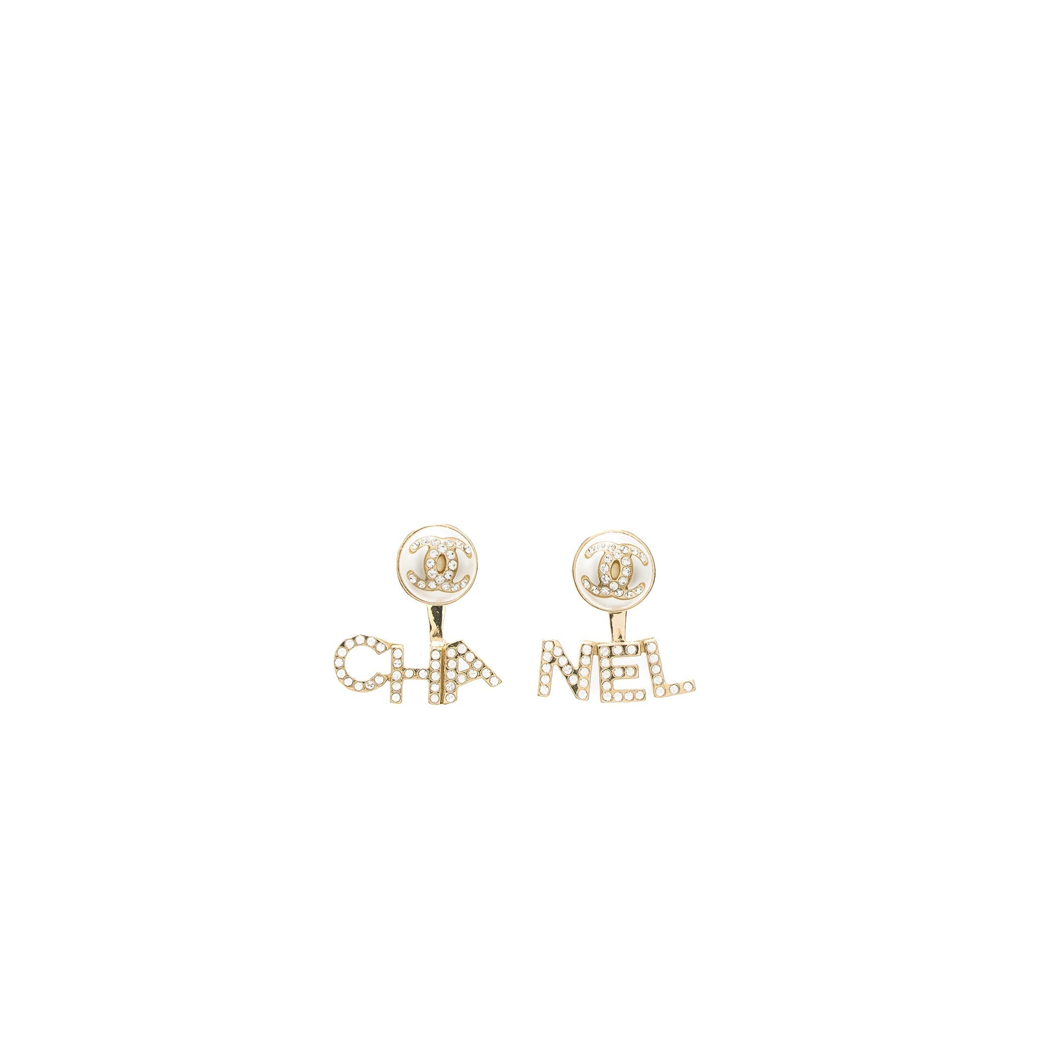 Chanel Letter/CC Logo Earrings Crystal/Pearl Light Gold Tone