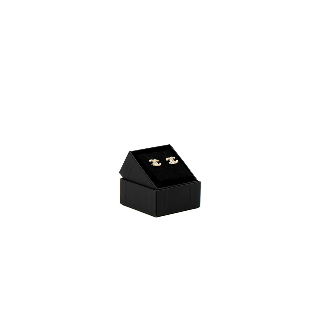 Chanel Classic Mini CC Logo Earrings Pearl/Crystal Light Gold Tone