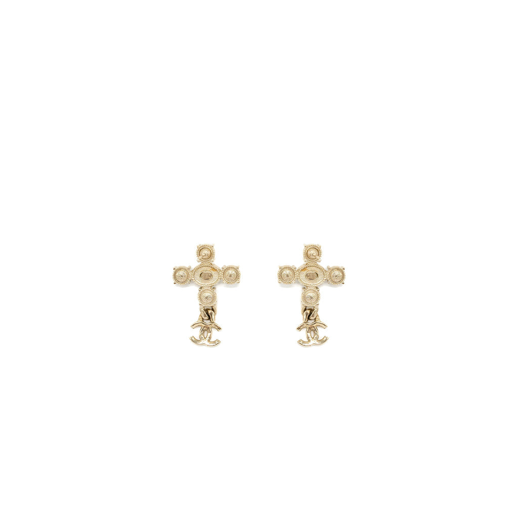 Chanel Cross earrings with CC Logo dropped, Crystal/ pearl Gold Tone