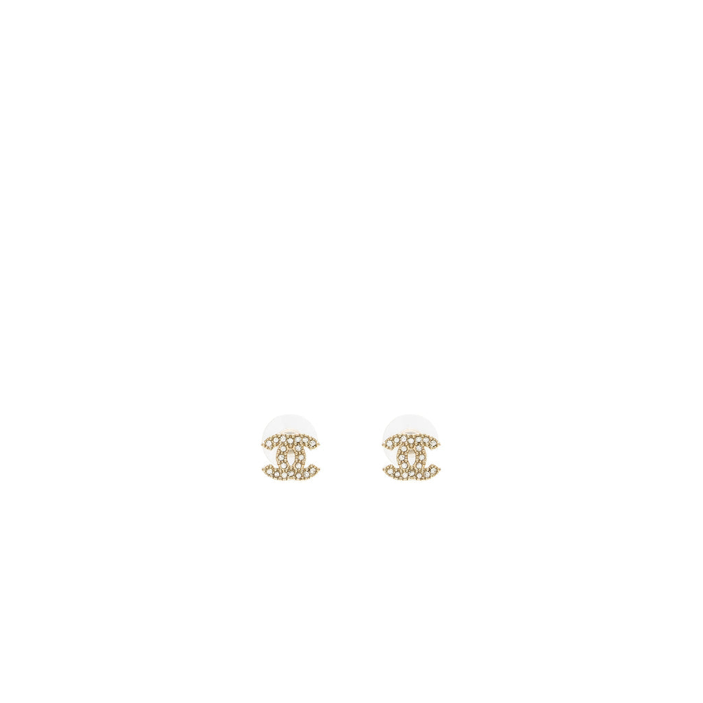 Chanel small model cc logo crystal earrings light gold tone