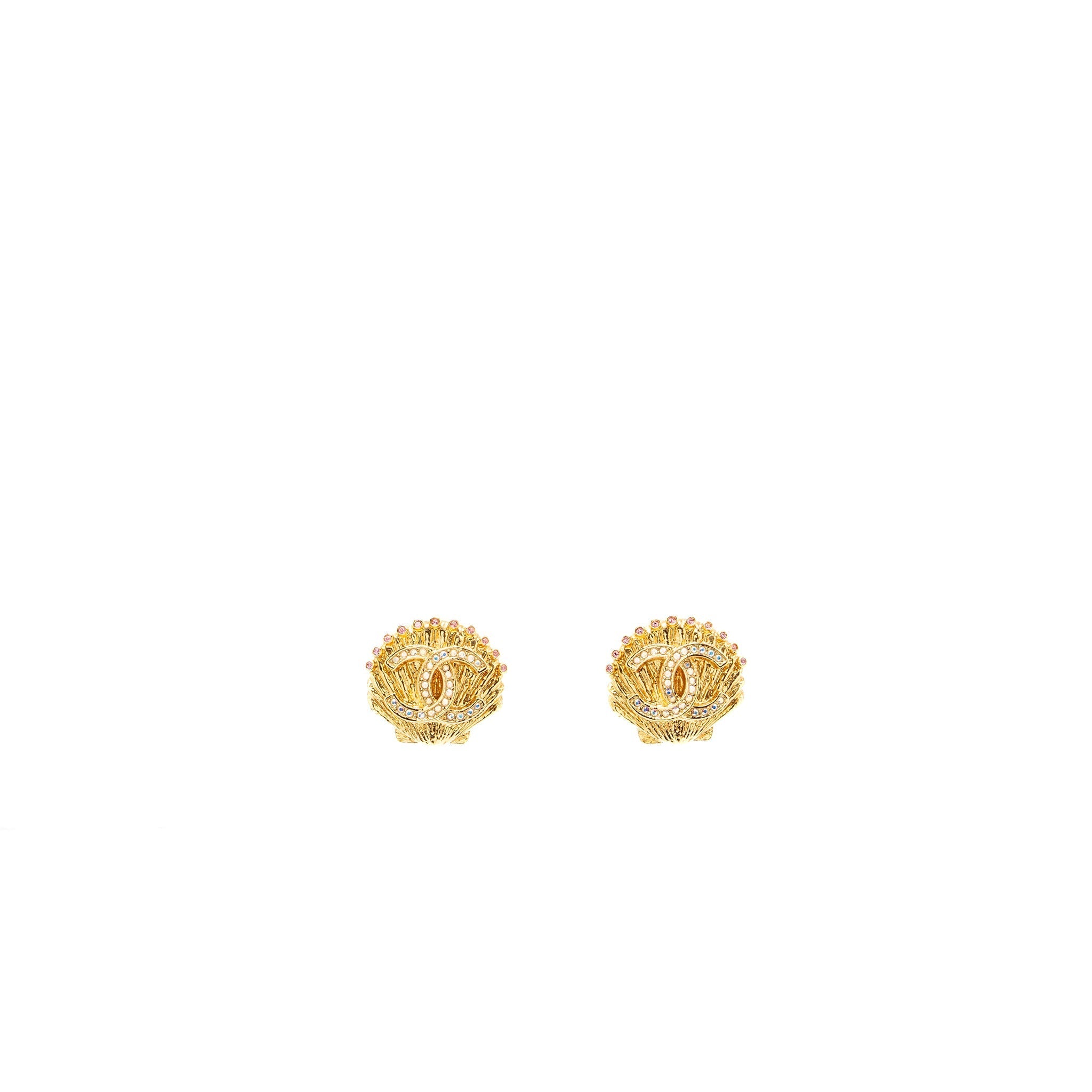 Chanel Shell CC Logo Earrings crystal Gold Tone