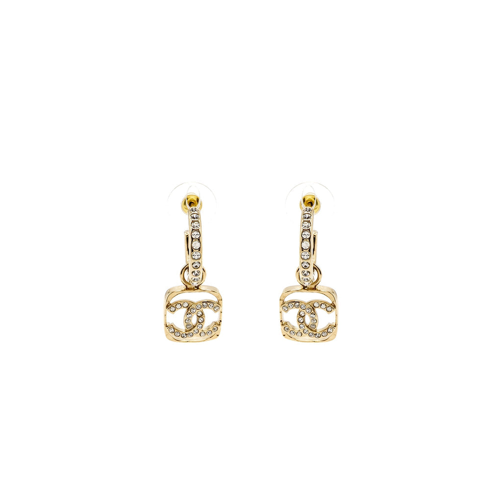 Chanel Square CC Logo Dropped Earrings Crystal Light Gold Tone