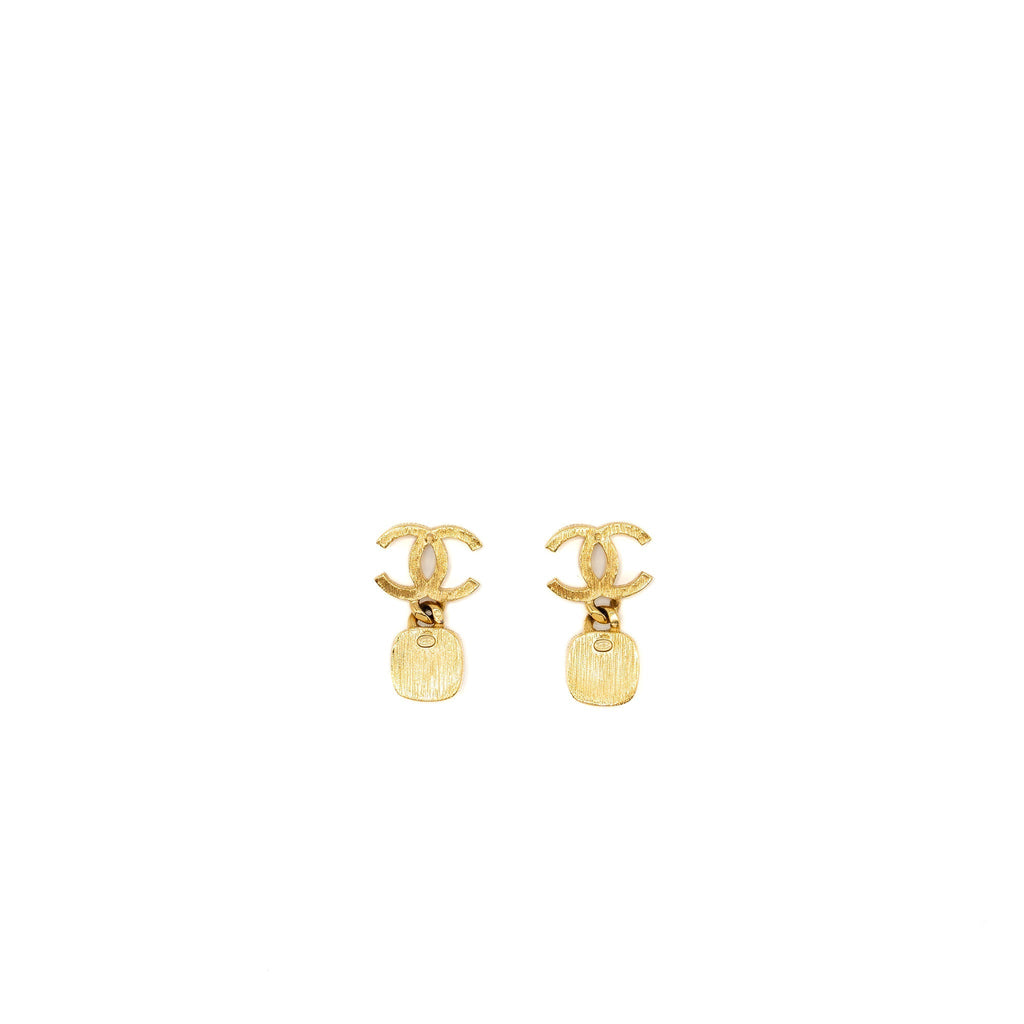 Chanel CC Logo Square Pearl Drop Earrings Gold Tone
