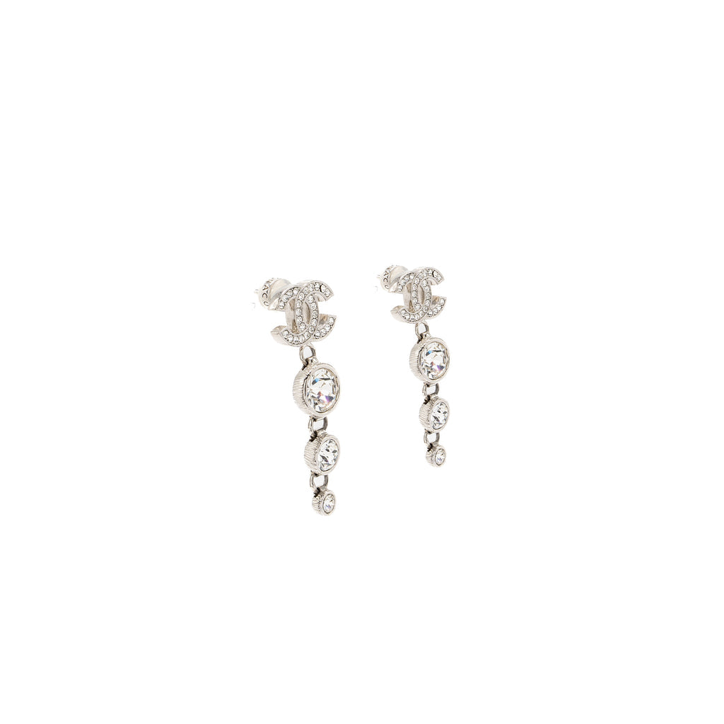Chanel CC Logo Crystal Drop Earring Silver Tone