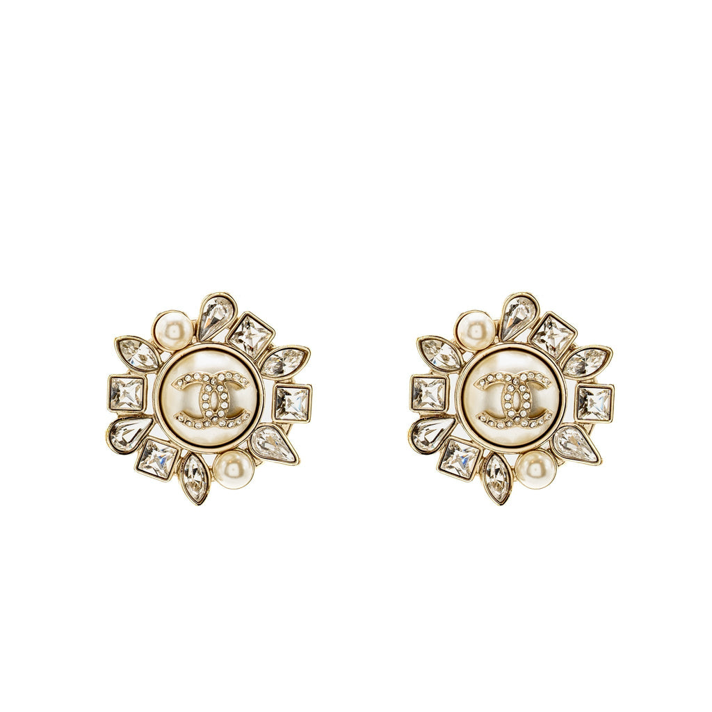 Chanel Giant Geometric CC Logo Earrings Pearl/Crystal Light Gold Tone