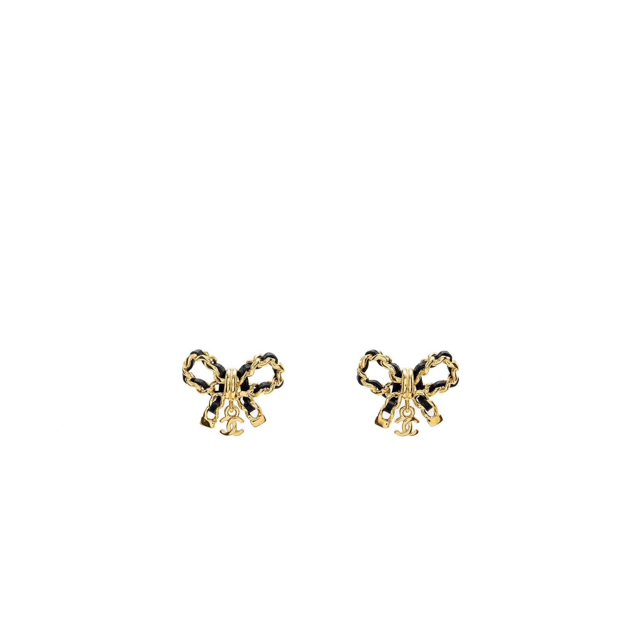 Chanel leather weave bow earrings black with gold tone