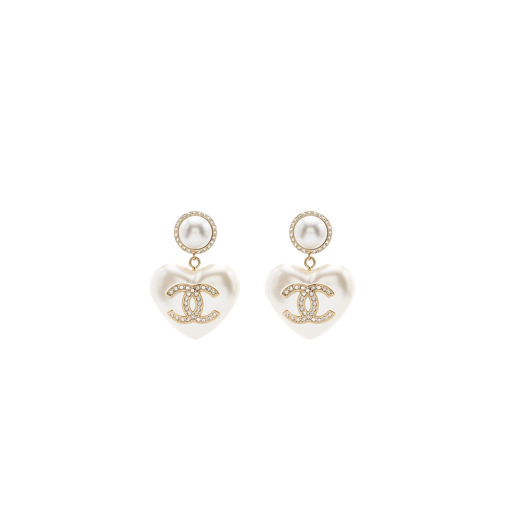 Chanel Heart Pearl Crystal CC Logo Earrings L