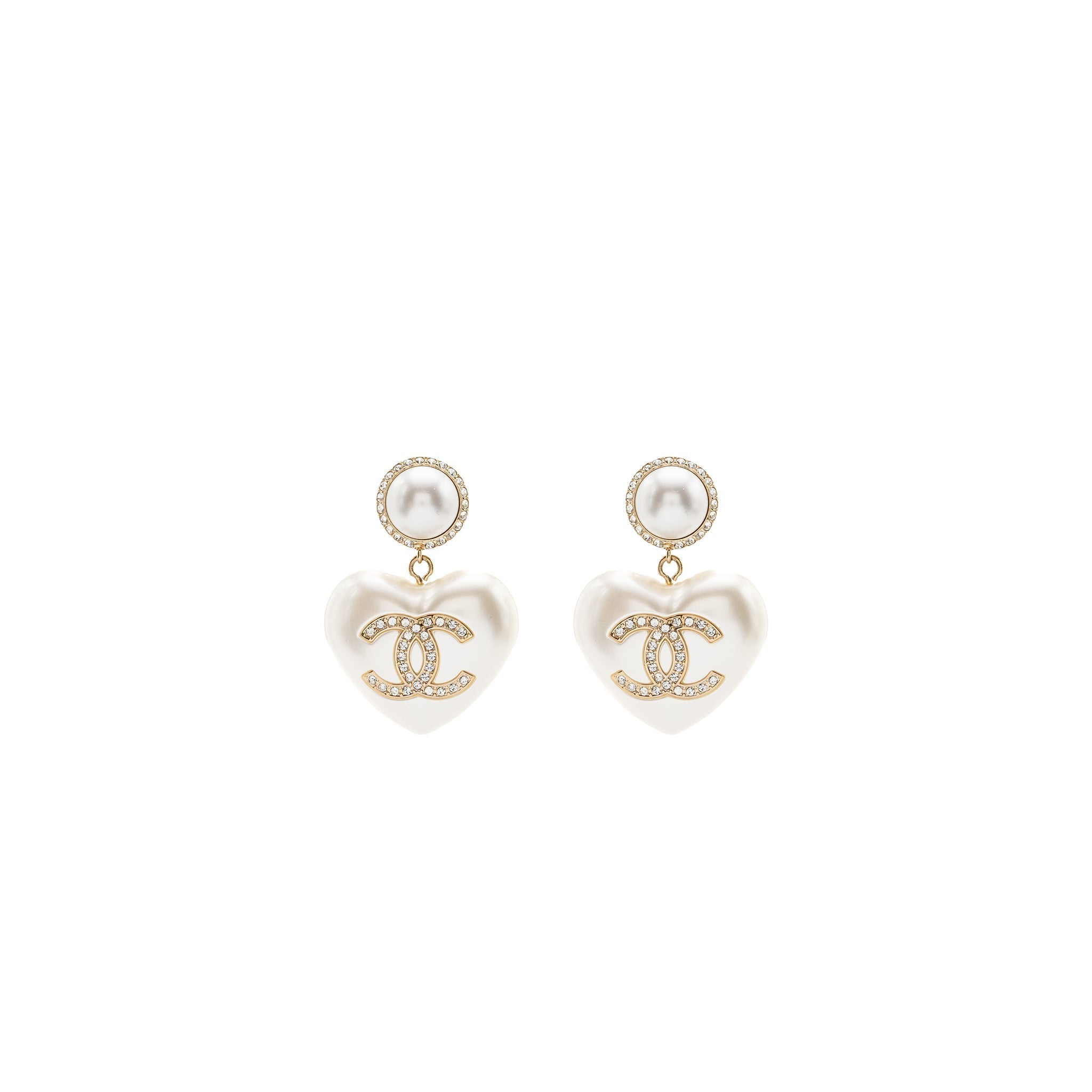 Chanel Heart Pearl Crystal CC Logo Earrings L