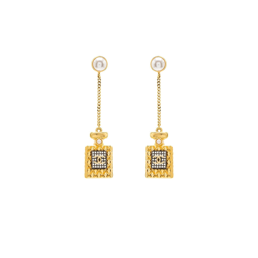 Chanel Perfume Bottle Drop Earrings Pearl/Crystal Gold Tone
