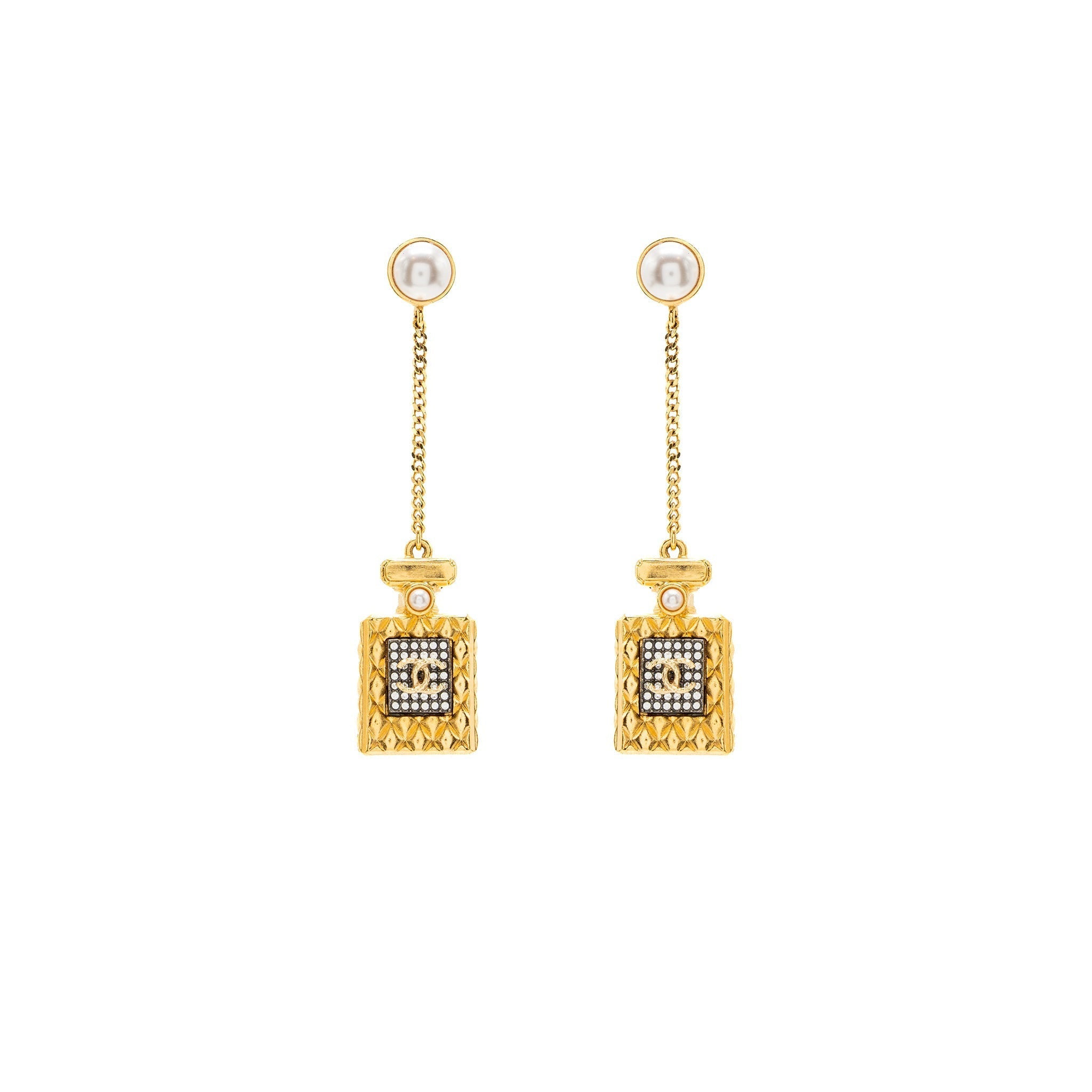Chanel Perfume Bottle Drop Earrings Pearl/Crystal Gold Tone