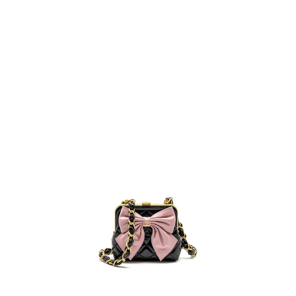 CHANEL 24A Bowknot Clutch With Chain Patent Crumpled lambskin/Shiny Lambskin Black/Pink  (Microchip)