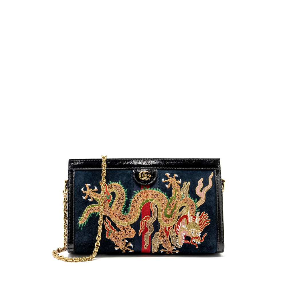 Gucci Ophidia Chain Bag Dragon Embroidered Suede Blue/Black/Multicolour