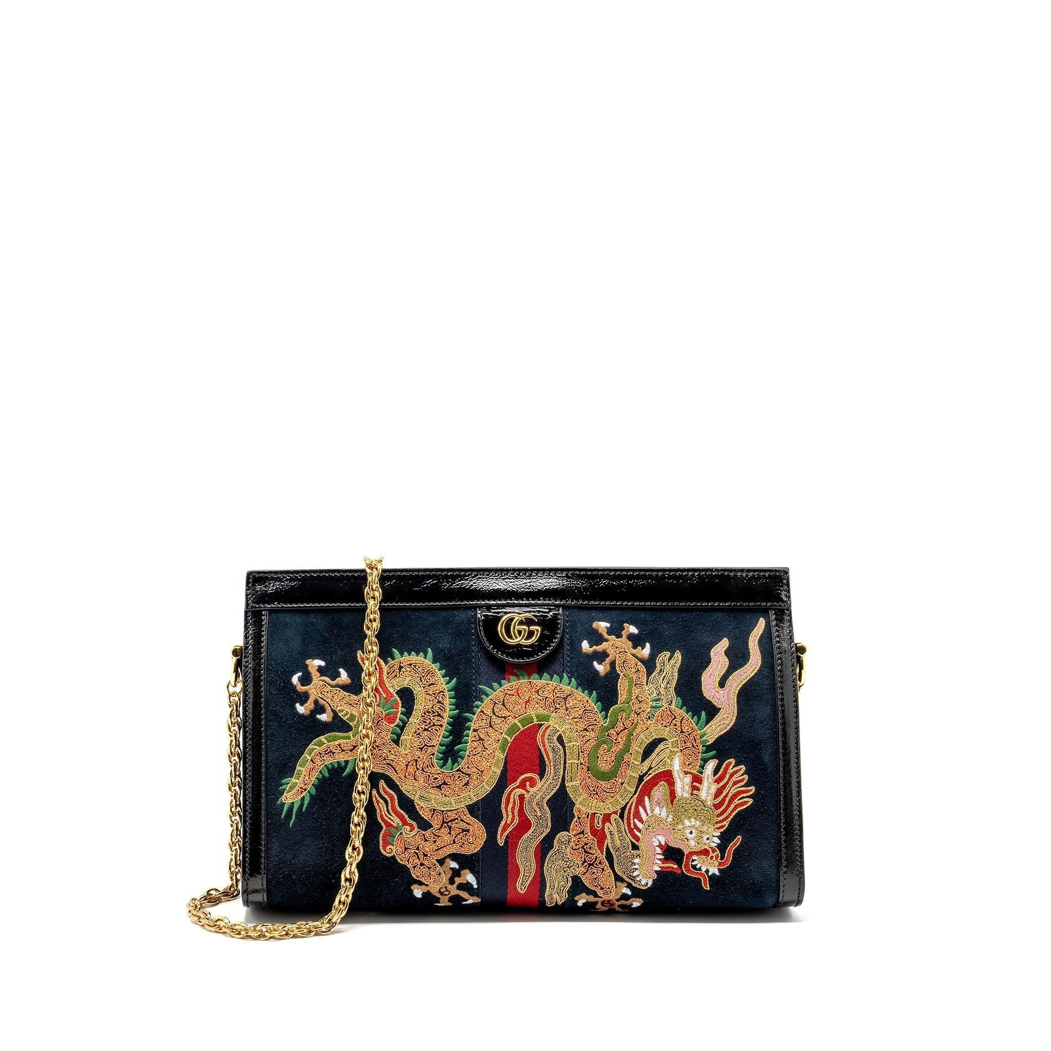 Gucci Ophidia Chain Bag Dragon Embroidered Suede Blue/Black/Multicolour