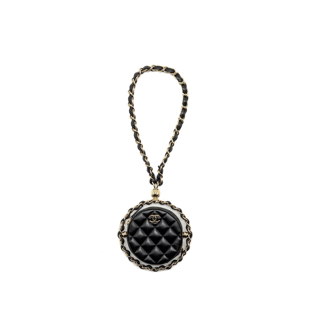 Chanel 22c Quilted Round Clutch With Chain Lambskin Black L
