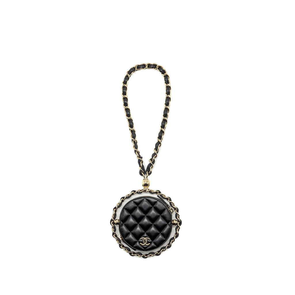 Chanel 22c Quilted Round Clutch With Chain Lambskin Black L