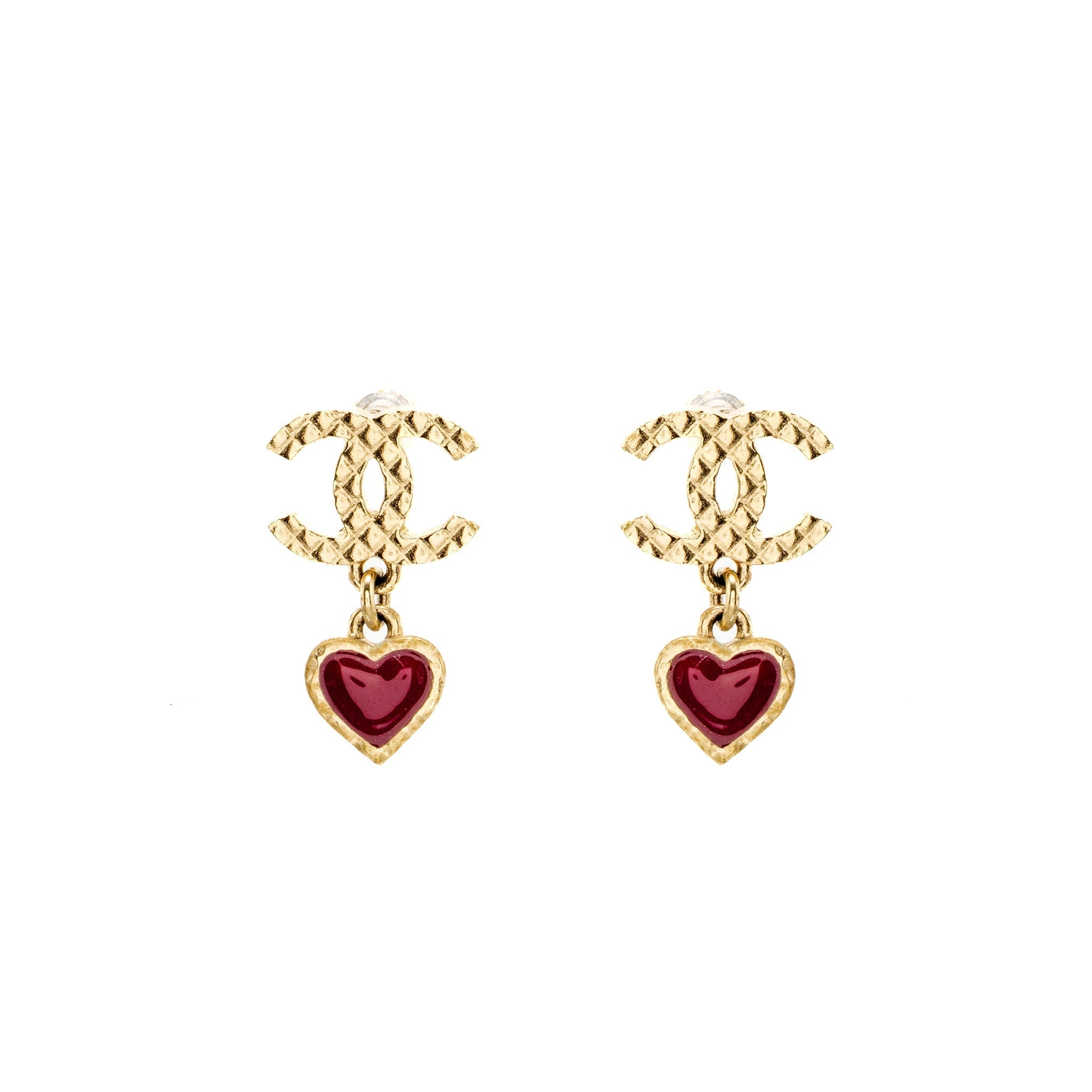 Chanel CC Heart Drop Earrings Light Gold Tone/ Purple