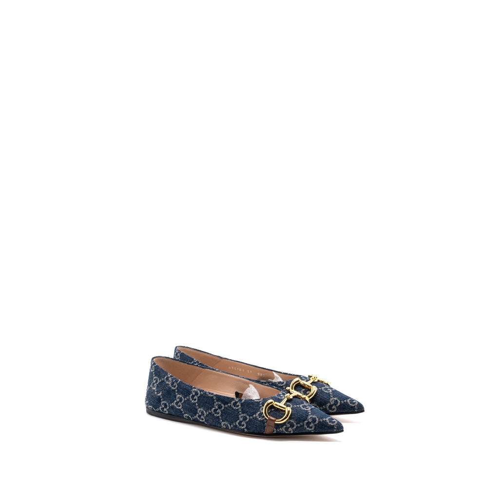 Gucci Size 37 GG Horsebit Ballerina Shoes GG Supreme Denim