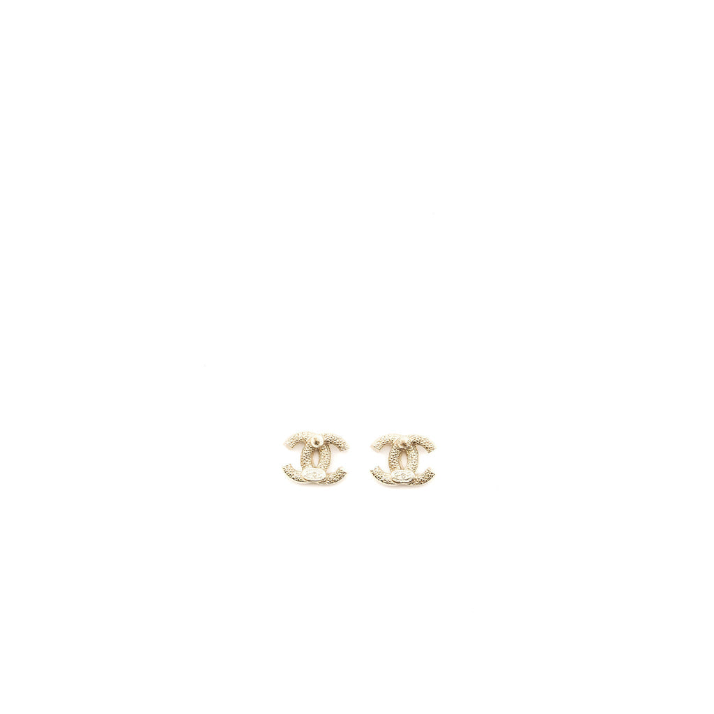 Chanel Classic CC Logo Earrings Crystal Light Gold Tone