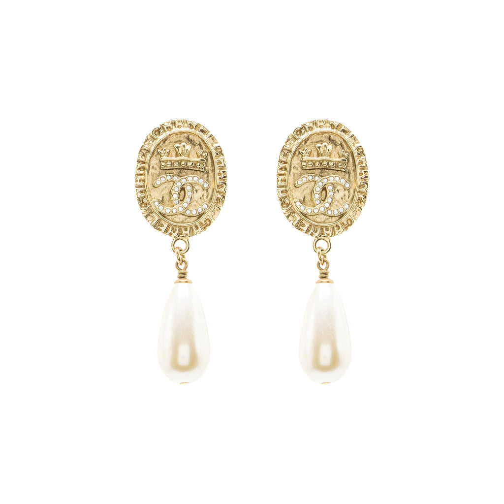 Chanel CC Logo Earrings Pearl Dropped Crystal Gold Tone