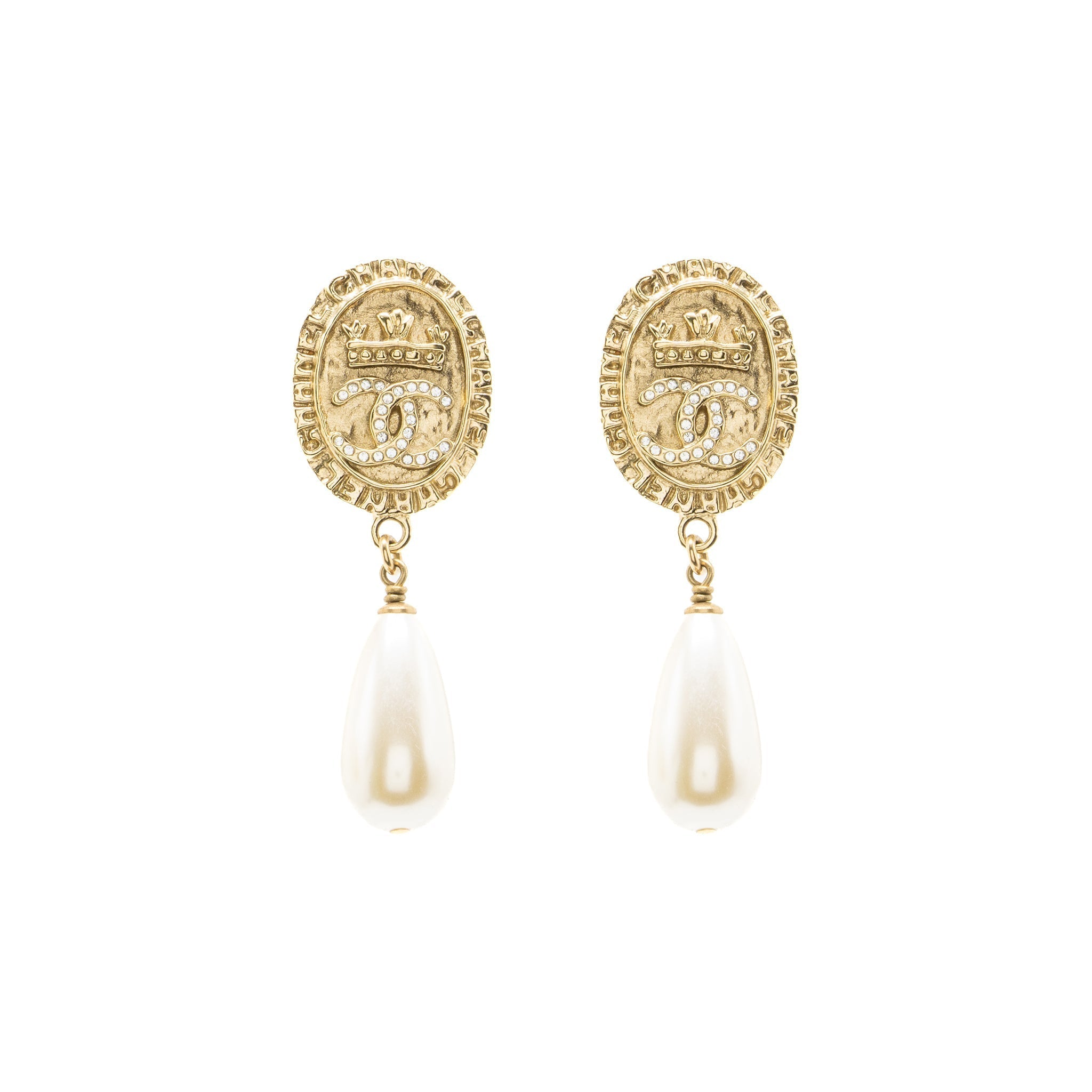 Chanel CC Logo Earrings Pearl Dropped Crystal Gold Tone