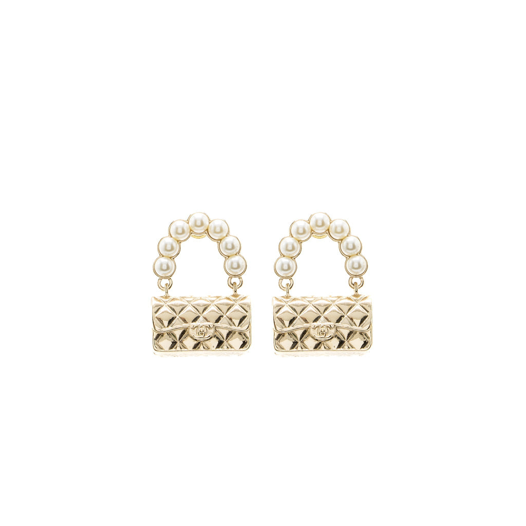 Chanel Flap Bag Dropped Earrings Pearl Light Gold Tone