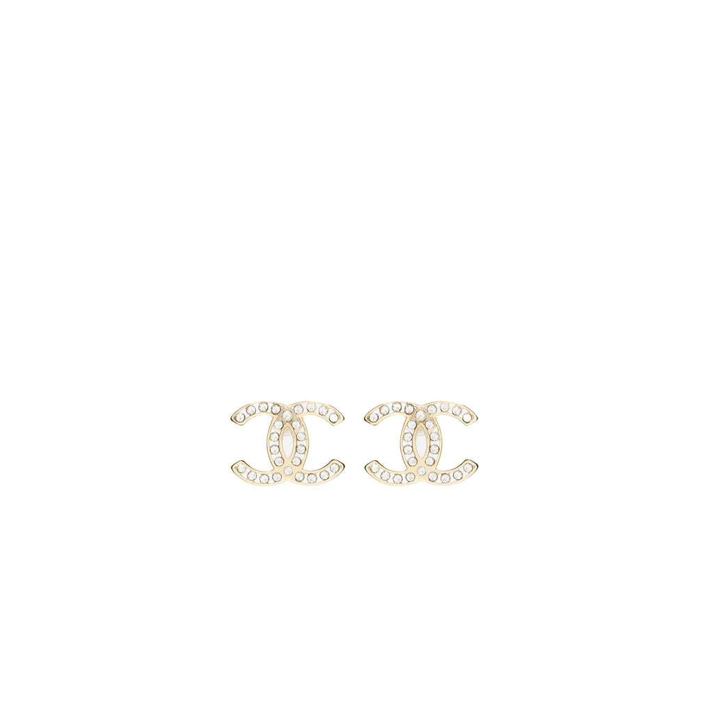 Chanel CC Logo Earrings Crystal Light Gold Tone