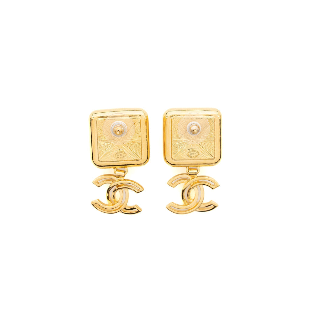 Chanel Square CC Logo Drop Earrings Gold Tone