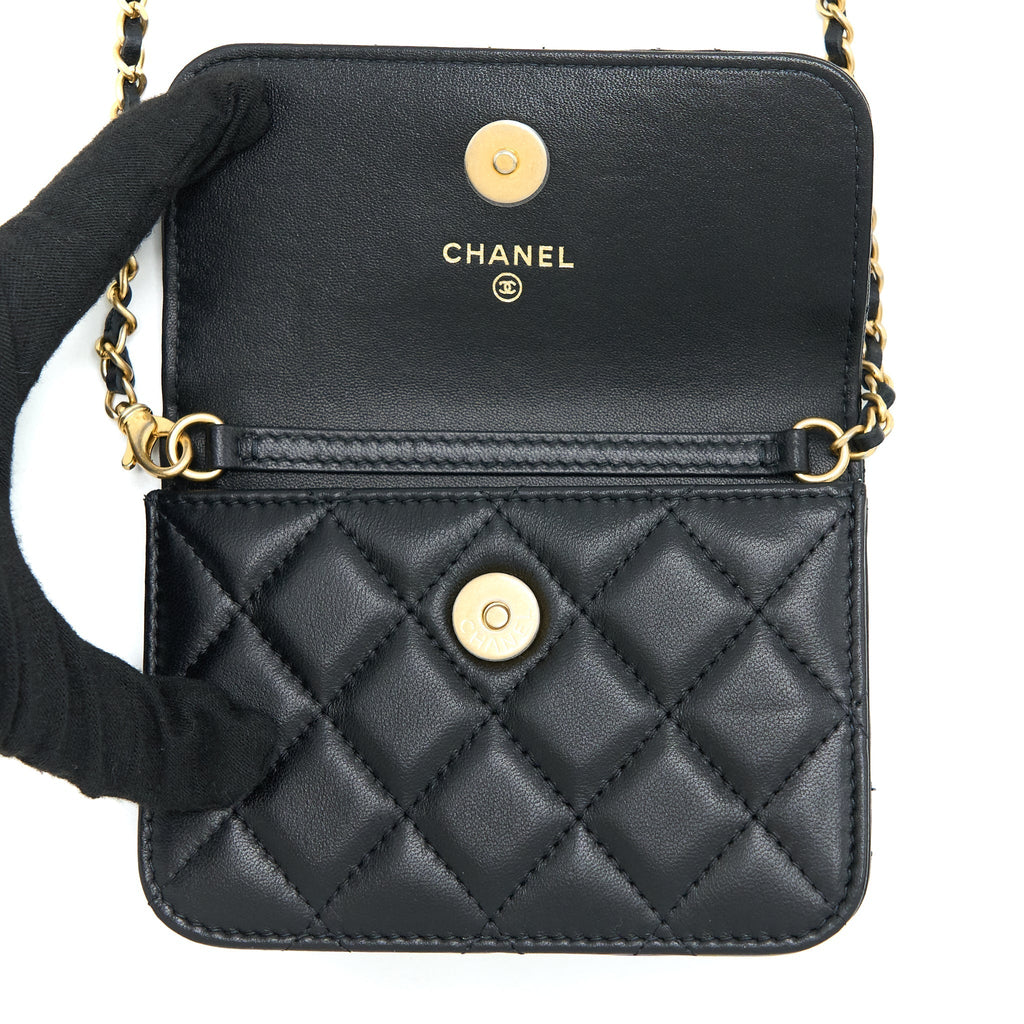 Chanel Pearl Crush Mini Flap Belt Bag with Chain Lambskin Black Brushed
