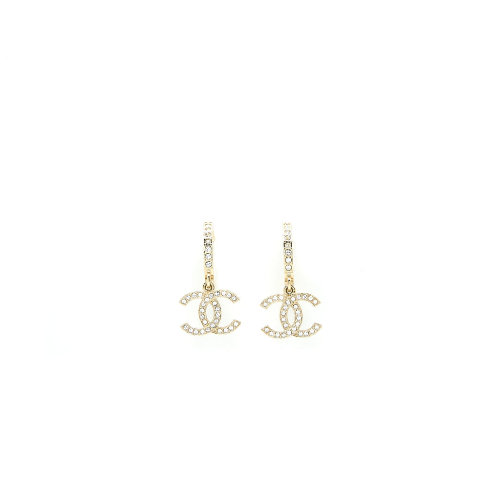 Chanel CC Logo Round Earring Crystal Light Gold Tone