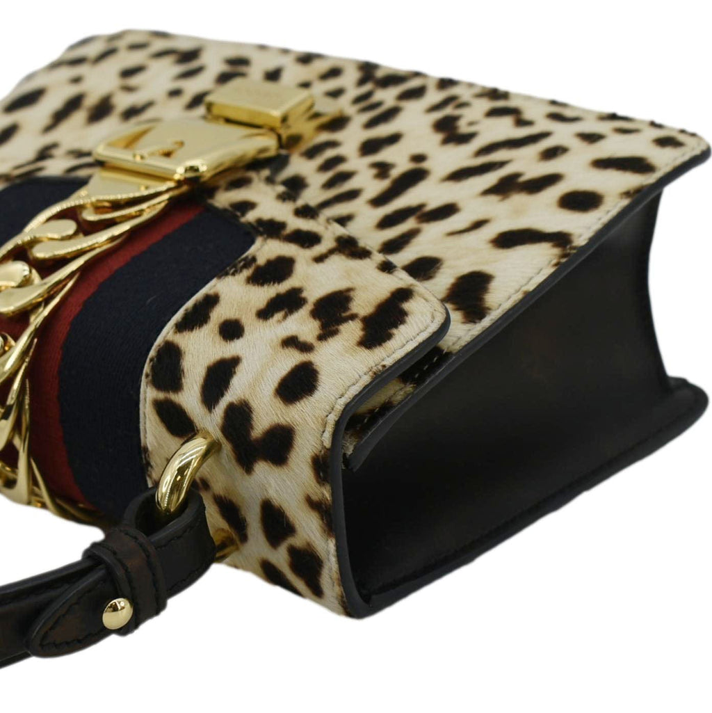 GUCCI Leopard Print Sylvie Mini Calf Hair Top Handle Shoulder Bag Beige 470270