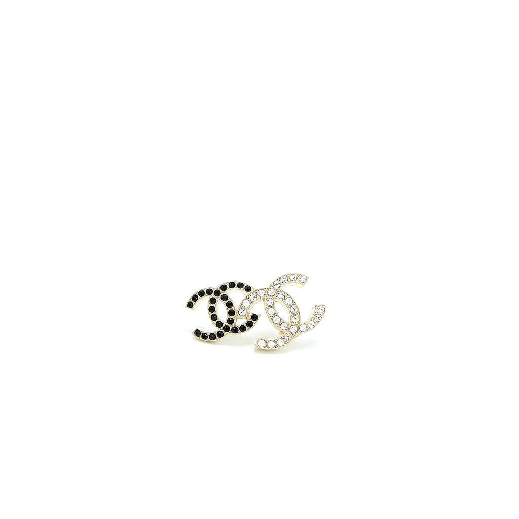 Chanel Double CC Logo Crystal Earrings Black and White Light Gold Tone