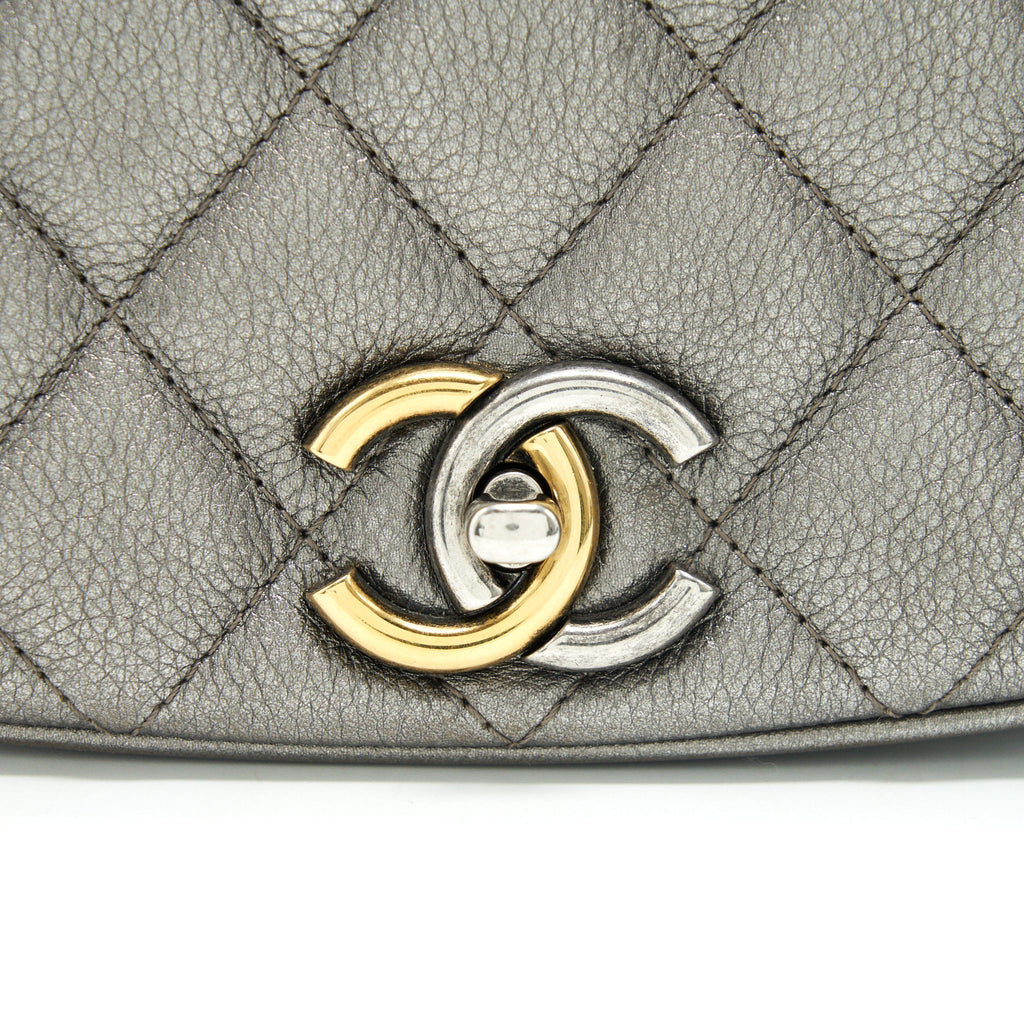 Chanel CC Logo Quilted Calfskin Flap Bag In Metallic Dark Grey